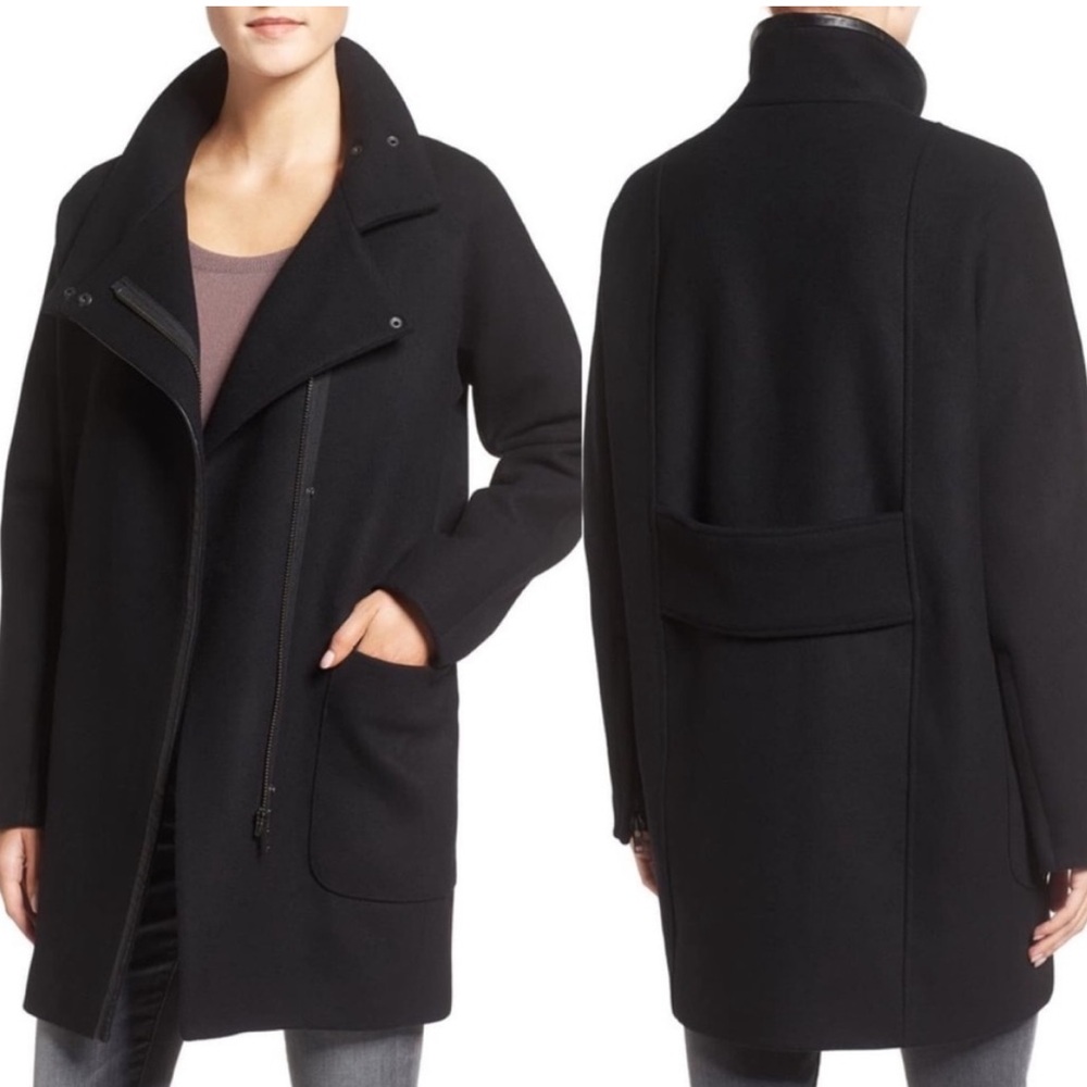 •MADEWELL• City Grid Black Wool Blend‎ Full Zip Long Coat Jacket Size 2